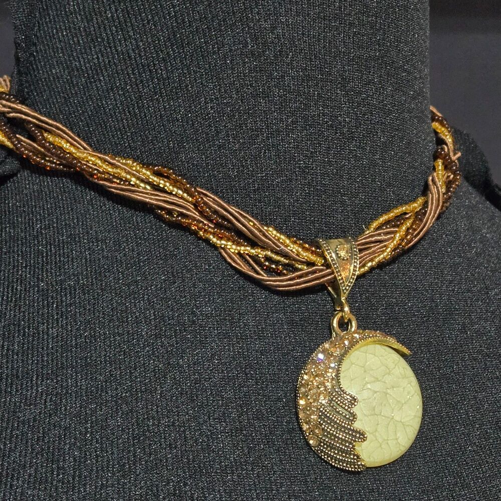 Boho Pendant Necklace Crackle Stone Rhinestone Sun Moon Beaded Vintage Style New